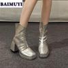 Luxury Women Ankle Boots Square Toe High Heels Party Platform Shoes Winter Short Plush Warm Snow Woman 2025 Trend Silver Pumps