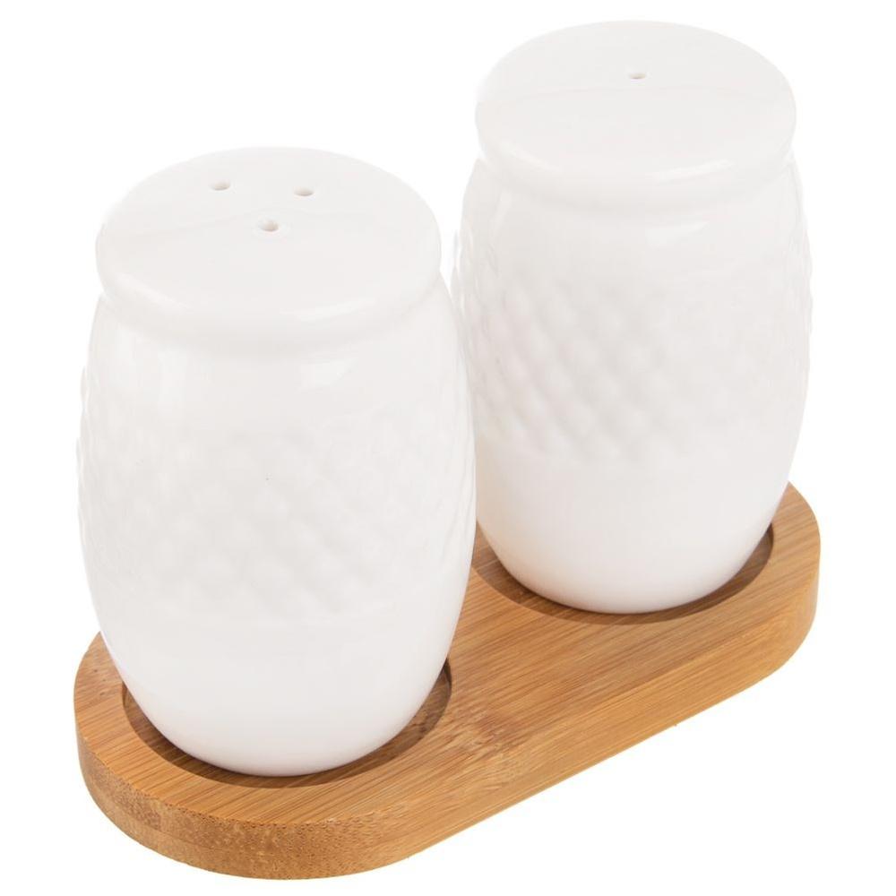 Orion Whiteline White Porcelain Salt and Pepper Shakers with Bamboo Stand Set
