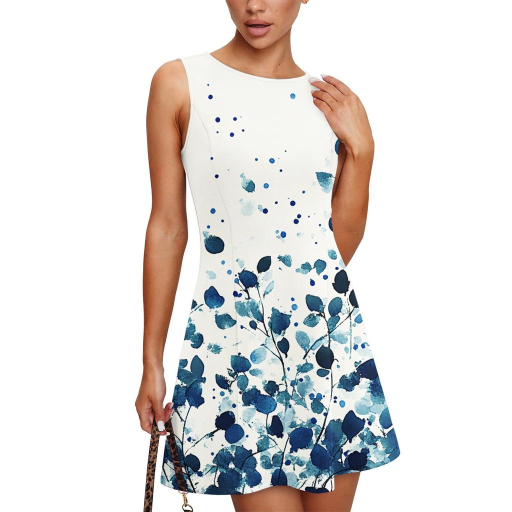 Women's Summer Dress Casual Sleeveless Round Neck Classical Leaf Print Vest Sundress