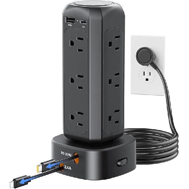 [2025 Upgraded] Power Strip Tower with Retractable Charging Cable, SUPERONE Surge Protector Tower with PD20W USB C and 12 AC Outlets, Flat Plug 6 FT