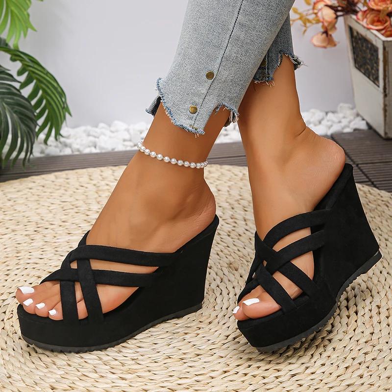 Fashion Roman Cross Strap Wedges Sandals Women 2025 Summer Thick Sole Non Slip Slippers Plus Size Comfort Chunky Platform Beach Shoes