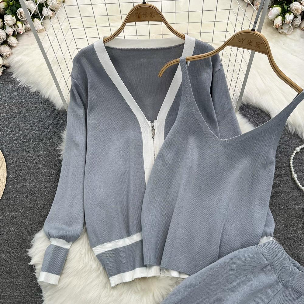 Осень-зима, винтажный однотонный вязаный свитер, брюки, комплект из 3 предметов, женский спортивный костюм, куртка на молнии с длинными рукавами, пальто, жилет, брюки, наряды