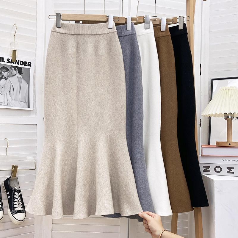 Вязаная юбка миди или макси с хвостом русалки для женщин, осенне-зимняя, с высокой посадкой и облегающая бедра, юбка-полусолнце