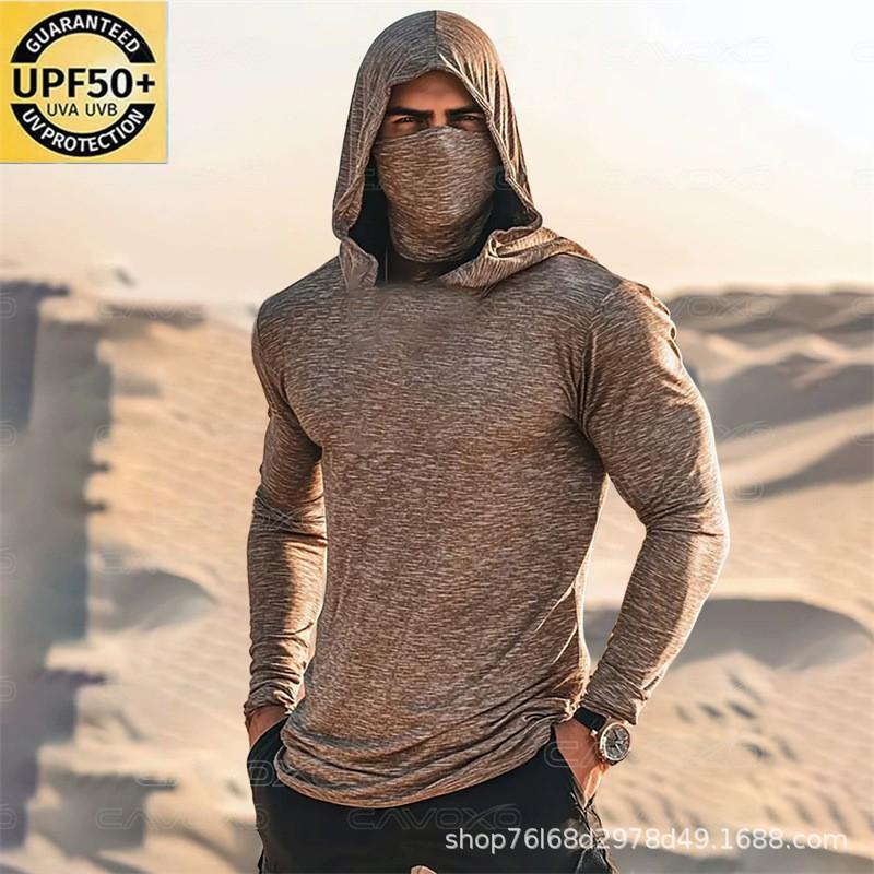 Mens Long Sleeve UPF 50 Quick Dry Hooded Rash Guard Surfing Diving Fishing Outdoor Sports