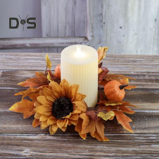 Halloween Candle Ring Wreath Artificial Pumpkin Sunflower Maple Leaf Wreath Pillar Candle Holder for Wedding Home Table Decoration