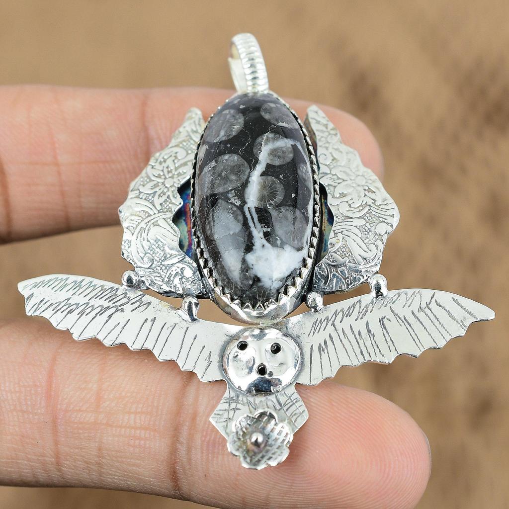 Подарок на день рождения для нее Подвеска из натурального черного ископаемого коралла в форме совы из серебра 925 пробы