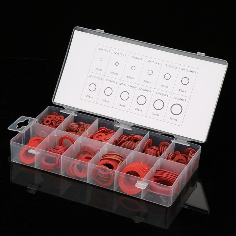600pcs 12 Sizes Red Steel Paper Fiber Flat Washers Kit Insulation Washer Assorted Set With Box