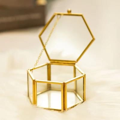 Стеклянная шестиугольная коробочка для кольца Золотая шкатулка для хранения украшений Шкатулка для хранения Свадебная коробочка для кольца Хранение украшений