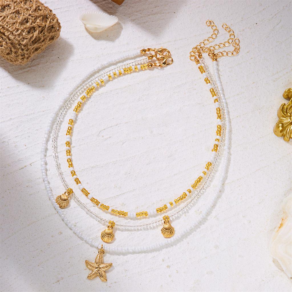 Handmade Rice Beads Multi-layer Stacked Choker for Women Simple Starfish Shell Pendant Necklace Bohemian Beach Jewelry Gifts