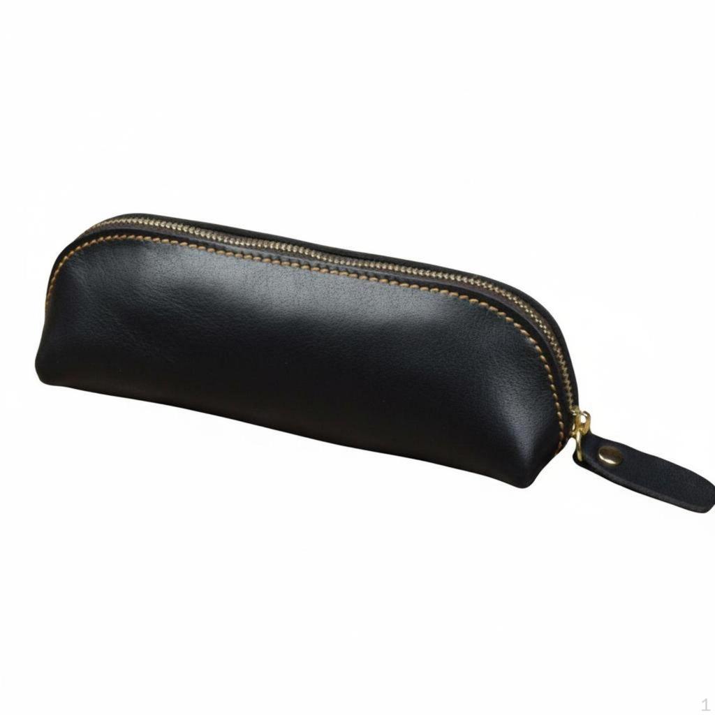 Leather Pen Case Zippered Organizer Spacious Interior for School