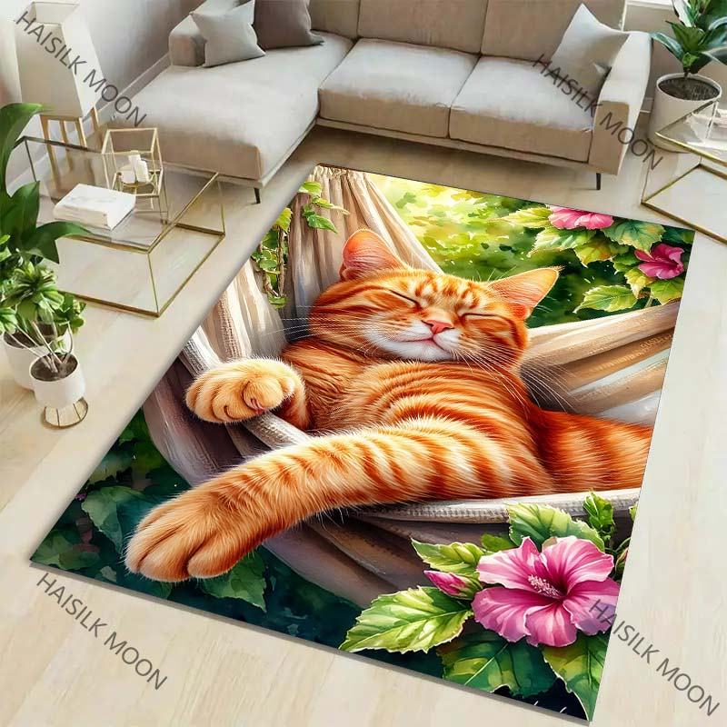 Cute Orange Cat in The Afternoon Printed Carpet Living Room Bedroom Sofa Rug Decor Non-slip Floor Mat Gifts for Family Friends