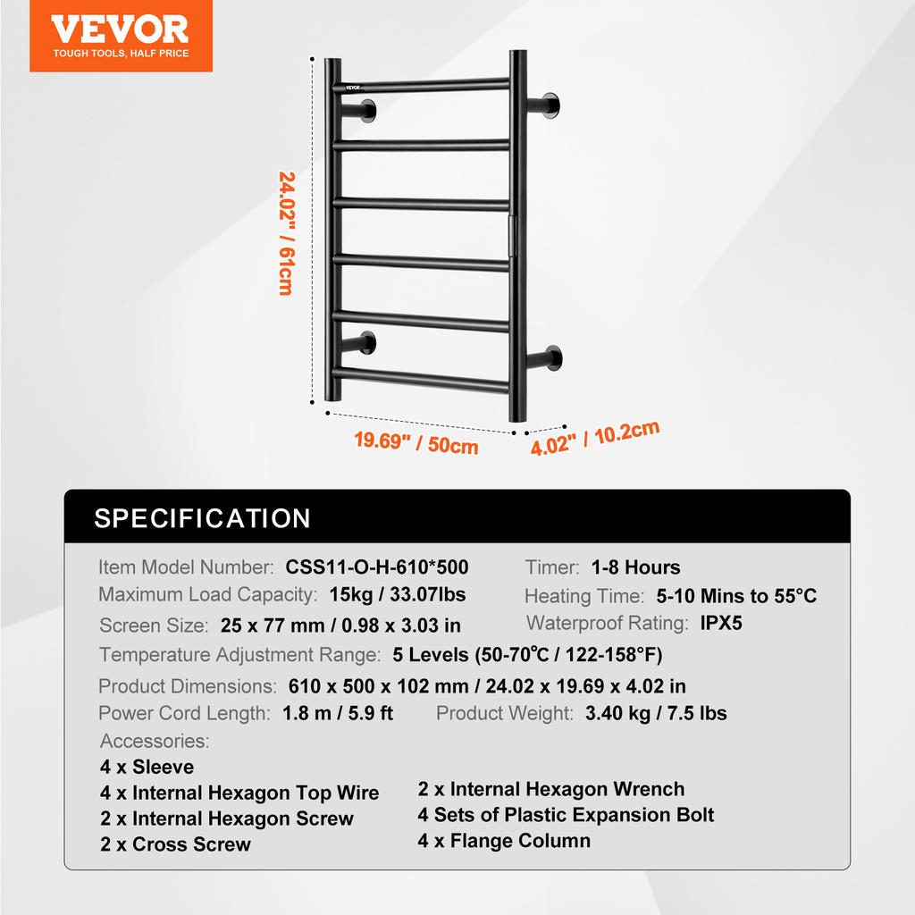 SucceBuy 4/6/8/10 Bars Towel Warmer Rack Wall Mounted Heated Towel for Bathroom IPX5 Waterpoof 5 Levels Temperature Towel Heater