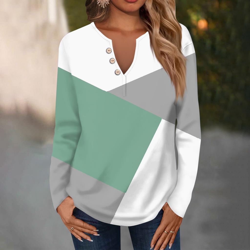 Женская модная повседневная футболка с V-образным вырезом и длинным рукавом, с принтом, с декоративными пуговицами