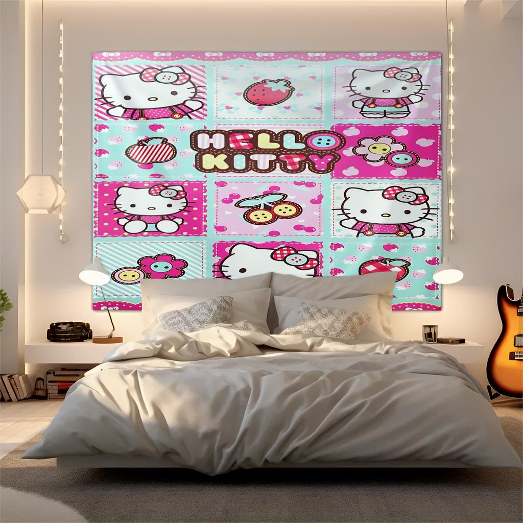 Гобелен Hello Kitty Настенное панно Кавайная Эстетичная Декор Комнаты Милое Настенное Искусство для Спальни Общежития Подростков Девочек