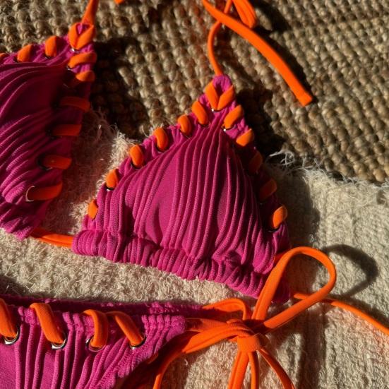 2 шт./комплект женский комплект бикини сексуальный плиссированный пэчворк цветной бюстгальтер халтер высокая талия плавки комплект со шнуровкой пляжный купальник