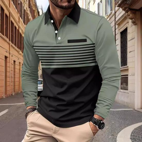Men Spring Fall Shirt Buttoned Turn-down Collar Contrast Color Striped Prinitng Long Sleeves Pullover Mid Length Casual Business Top