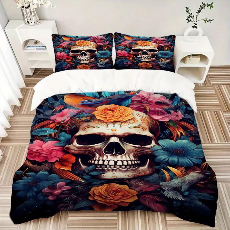 3pcs Day of the Dead Theme Quilt Set - Soft and Comfortable Bedroom, Guest Room and Dorm Decor Bedding Set 1 Quilt Cover + 2 Pillowcases.W029