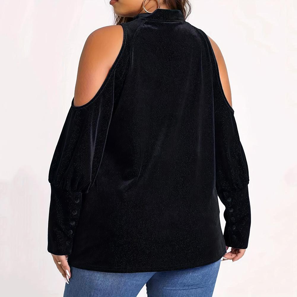 Womens Sexy Plus Size Blouse Velour Cutout Shoulder Shirt V Neck Long Sleeve Pullover Tops