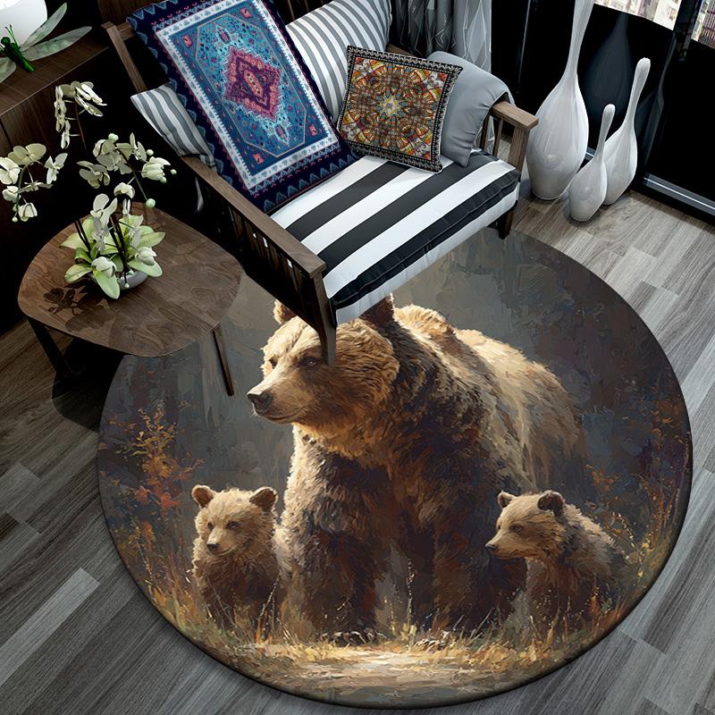 Brown Bear Round Area Rug,Carpet Rug for Living Room Bedroom Sofa Playroom Decor,Non-slip Floor Mat