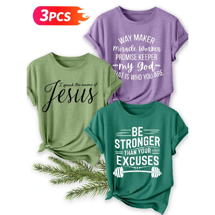 Three-piece set Religious inspirational text print short-sleeve retro round-neck shirt T Fresh and natural style loose-fitting shirt 2026 Elegant