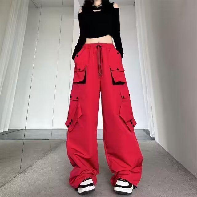 Брюки-карго женские Y2k уличная одежда повседневные широкие брюки в американском стиле хип-хоп с высокой талией и большими карманами на шнуровке свободные женские брюки