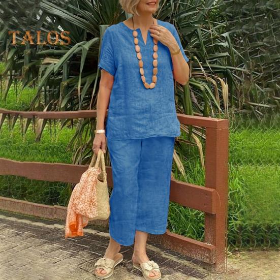 2Pcs Short Sleeve Blouse Pants Set for Women Loose Top Wide Leg Pants Sets Solid Tracksuit Outfit Summer Casual Matching Outfit for Home Office Party