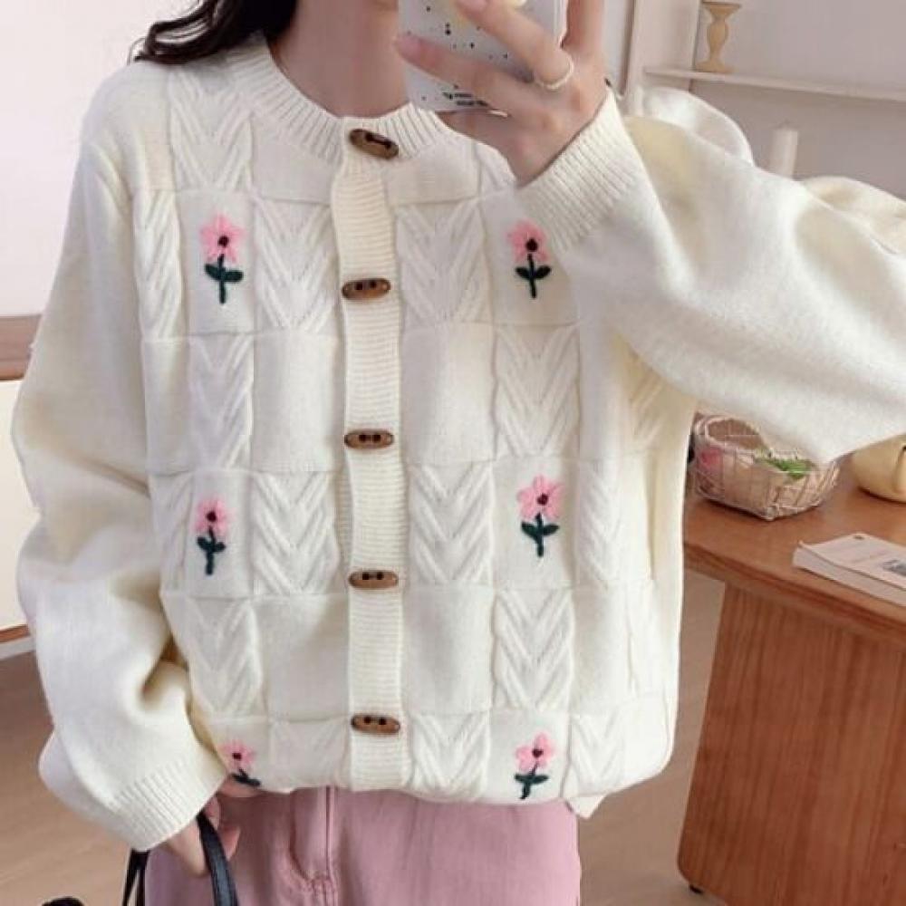 Navava Women Flower Embroidery Long Sleeve Knit Cardigan Nk2774