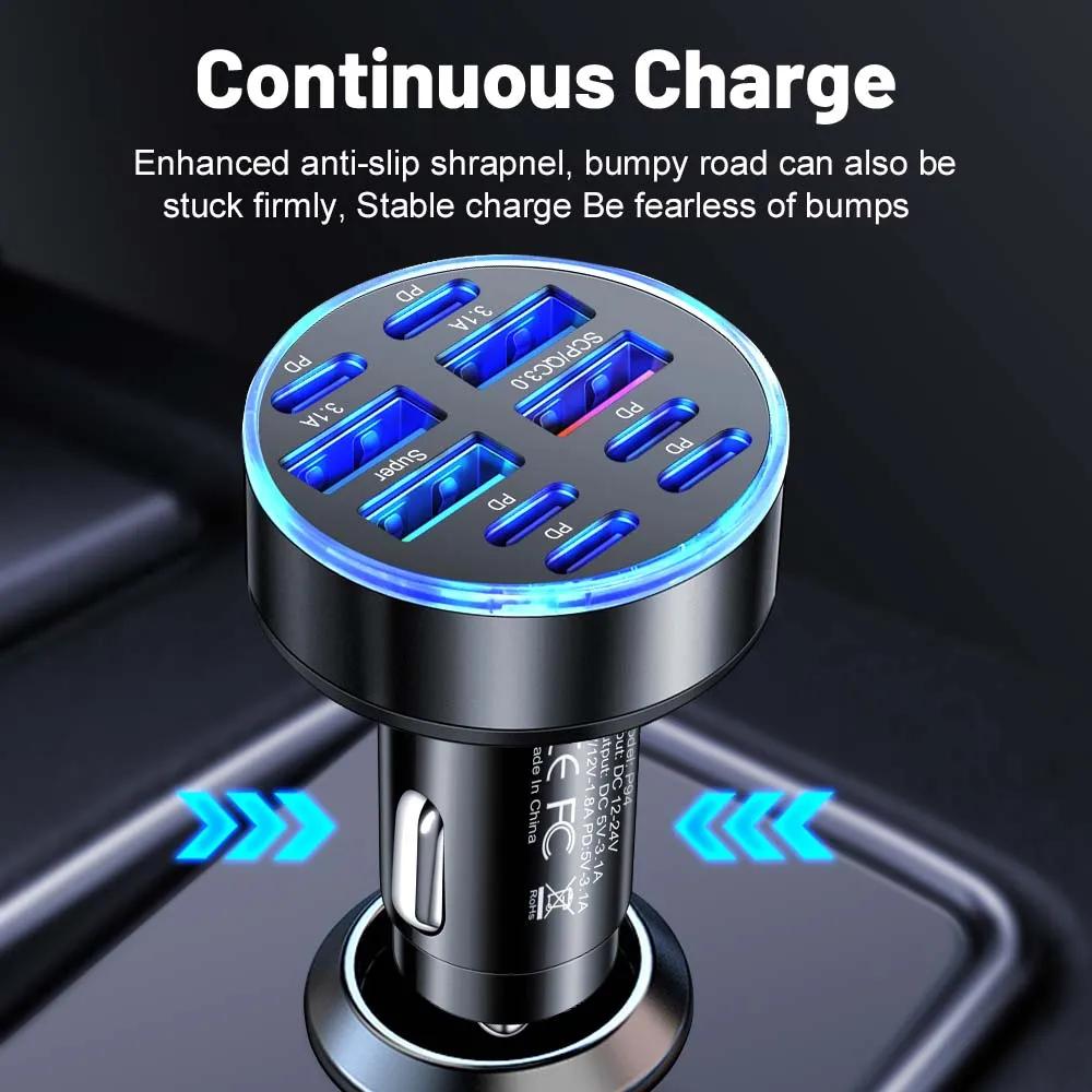100 Вт 10 портов Автомобильное зарядное устройство Быстрая зарядка PD QC3.0 USB C Автомобильное зарядное устройство для телефона Адаптер Type C в автомобиле Для iPhone Samsung Huawei Xiaomi