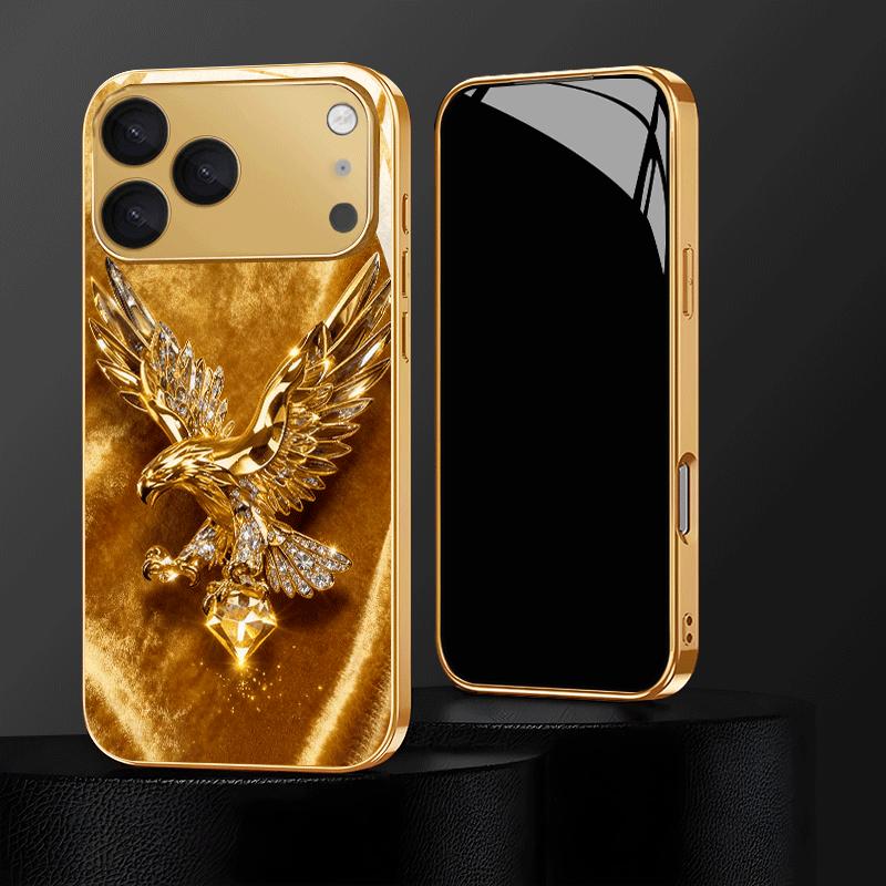Премиальный гальванизированный стеклянный чехол для телефона для iPhone 17 16 15 14 13 12 11pm Pro Plus. Высококлассный роскошный дизайн с золотым орлом.