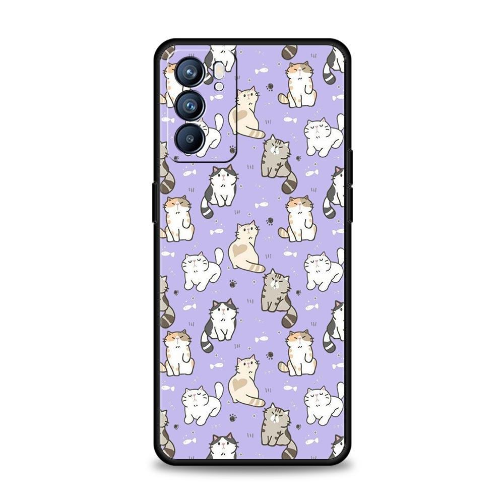 Cartoon Cute Cats Background Phone Case For Oppo Find X5 A53 A52 A9 2020 A54 A15 A95 A16 A76 A74 A12 Reno7 Pro SE Reno6 Z Cover