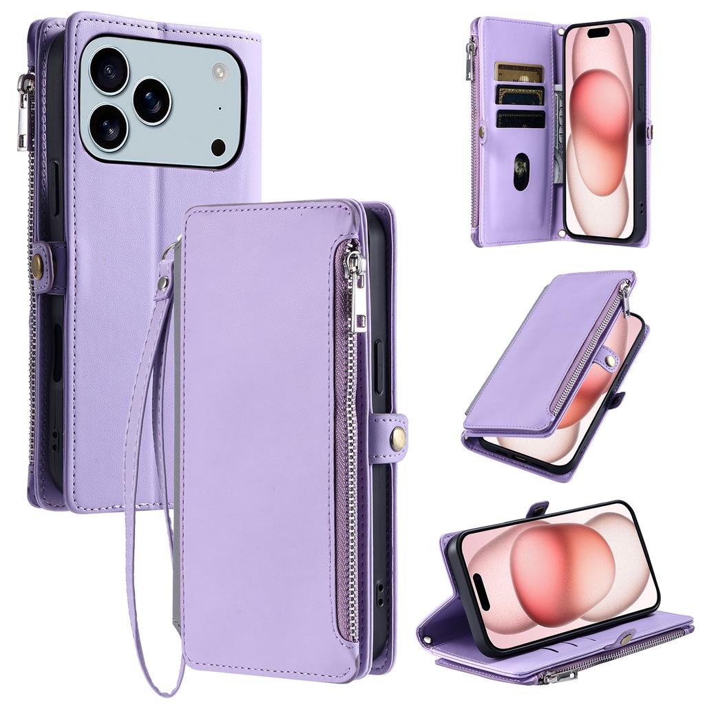 For iPhone 17 Pro Max Case TPU+PU Leather Wallet Phone Cover with Wrist Strap
