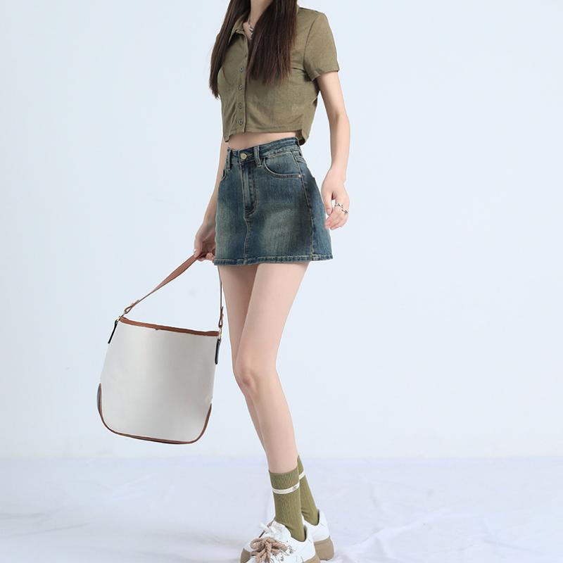 Джинсовая короткая юбка в стиле ретро, ​​женская летняя короткая юбка для похудения с высокой талией, антибликовая юбка трапециевидной формы с запахом на бедрах