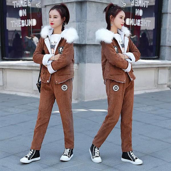 Женский зимний костюм, осенняя студенческая вельветовая куртка из овечьей шерсти, бархатный утолщенный повседневный комплект из двух предметов с капюшоном, пальто