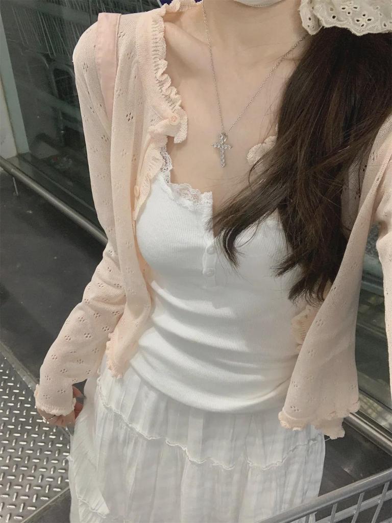 Шикарный летний свитер корейской ажурной вязки 2025 года — женский свободный, короткий, с длинными рукавами кардиган