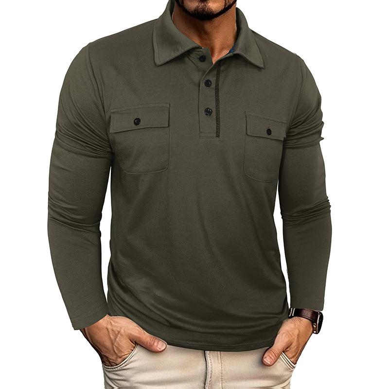 Men's Long Sleeve Polo Shirt with Button-Down Collar and Chest Pockets, Multiple Colors
