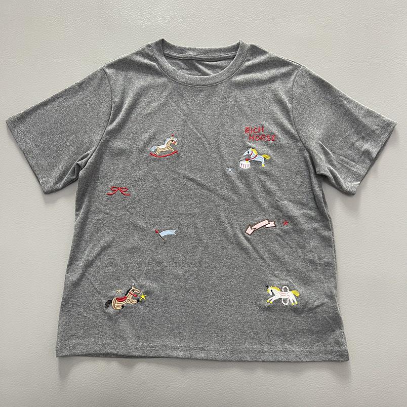 Brushed Red Pony Embroidery Women's Short Sleeve Round Neck Casual Spring T-shirt