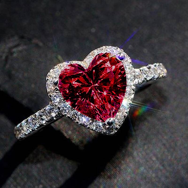 Classic Silver Heart Engagement Rings For Women White Red CZ Stone Inlay Fashion Jewelry Wedding Party Gift