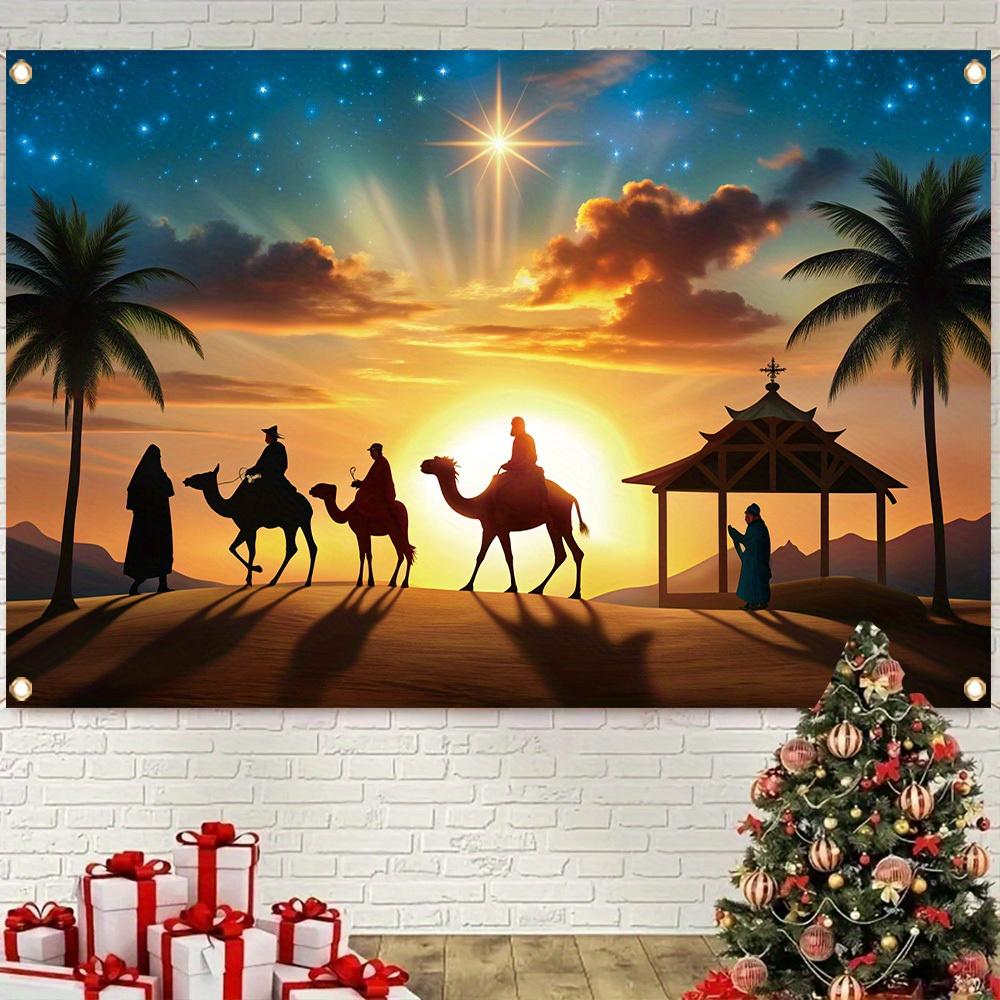 Christmas Happy Banner, featuring Christmas scenes and the Three Wise Men - Polyester fabric, Christmas, hangingZL