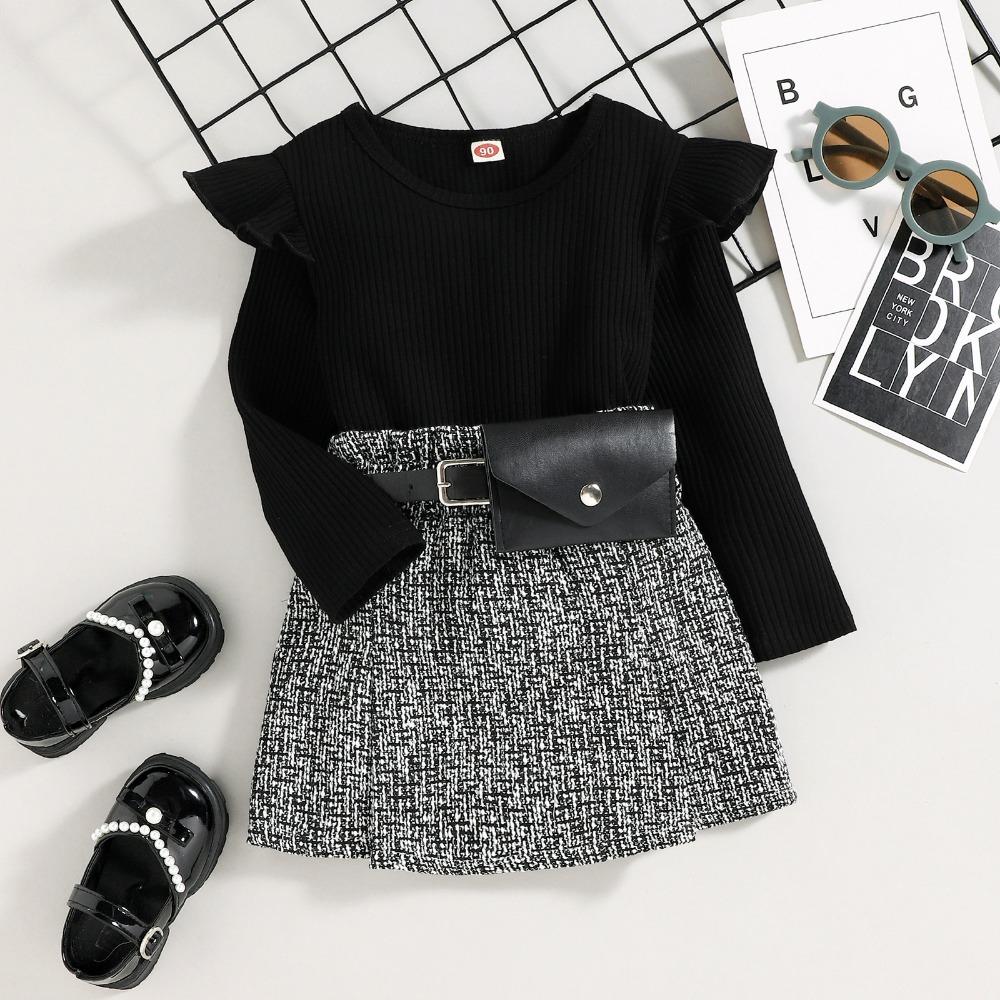 Детская одежда для девочек 1-5 лет, весна, осень и зима, хлопок, длинный рукав + маленькая поясная сумка + юбка, детский костюм из 3 предметов