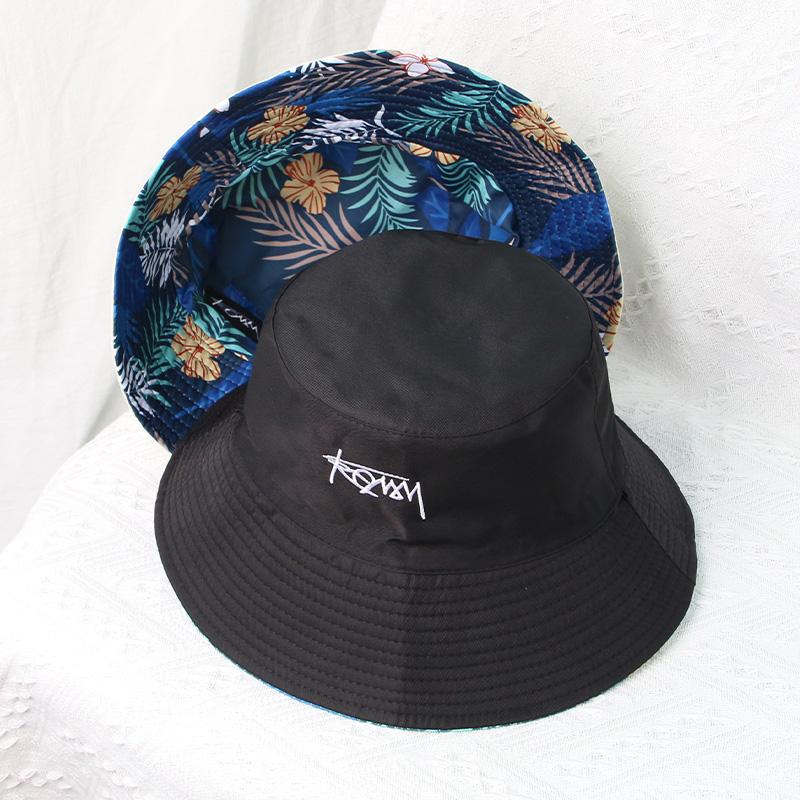Korean Letters Embroidery Bucket Hat For Women Men Summer Coconut Trees Print Double-Sided Fisherman Cap Wide Brim Sunshade Hats