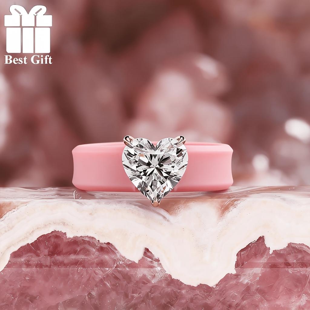 Elegant Pink Silicone Ring 3-Prong Clear Heart Solitaire CZ,Dainty Casual Engagement Jewelry For Ladies
