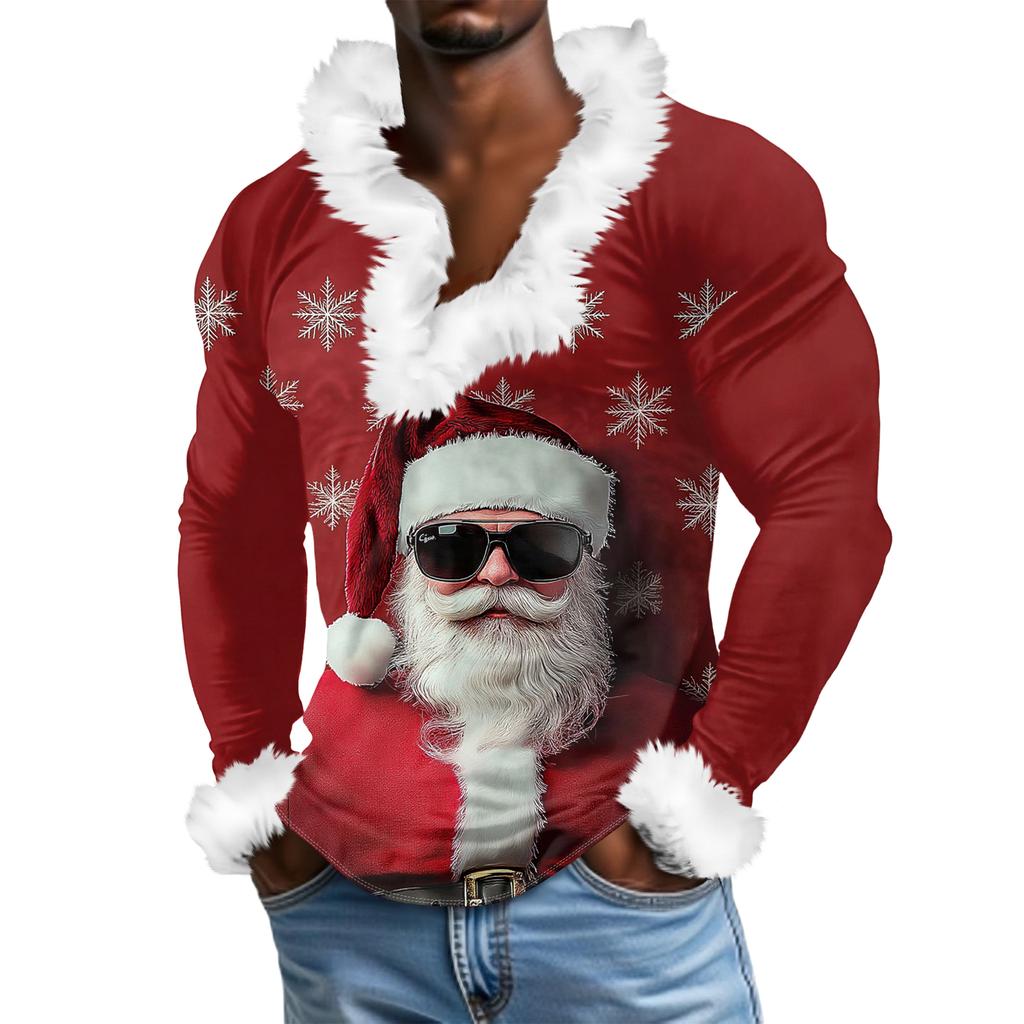 Мужской повседневный рождественский плюшевый свитшот с V-образным вырезом и длинными рукавами из флиса