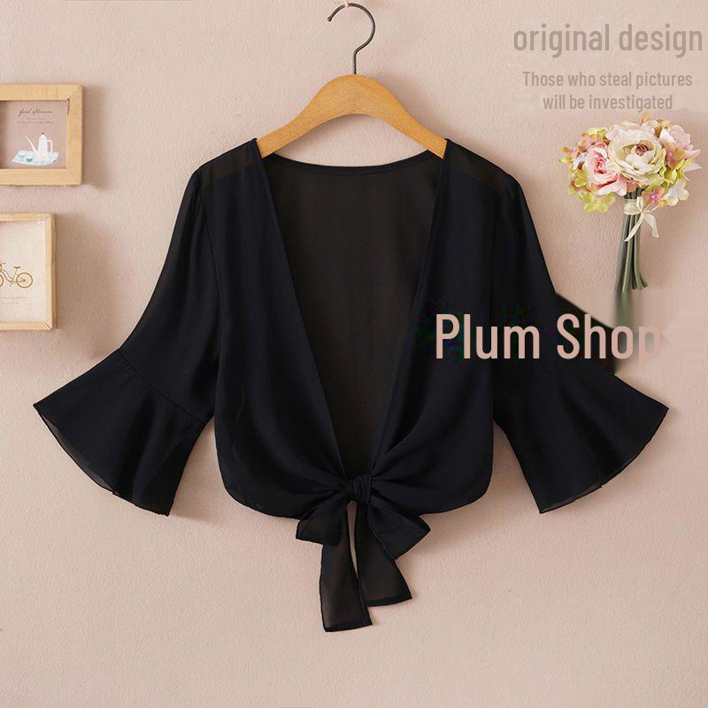 Женская летняя шифоновая куртка-шаль с защитой от солнца 2024 года — короткий рукав, легкий кардиган, универсальный жилет.