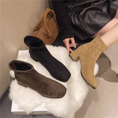 Женские ботинки Мартин на толстой подошве 2025 осень новые толстый каблук квадратный носок бархатные короткие ботинки корейские туфли на высоком каблуке тонкие маленькие ботильоны