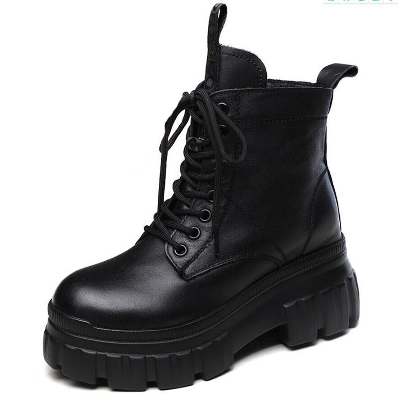 Fashion GKTINOO Women's Genuine Leather Ankle Boots Women Autumn Winter Lace Up Women Punk Boots Flat Ladies Shoes Woman Botas Mujer