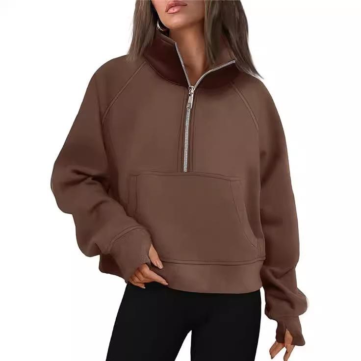 Stand Collar Casual Sweatshirts Half Zip Women Cropped Pullover Thumb Hole Oversized Hoodie Solid Color Plus Size Sports Outfit Plus Size