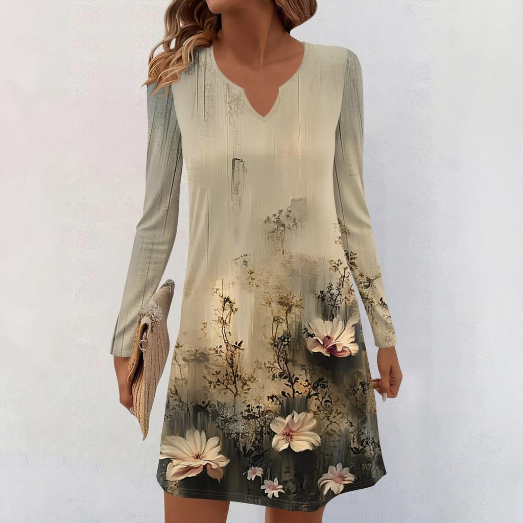 Women's Long-sleeved Casual Midi Dresses V-Neck Print Casual Dress