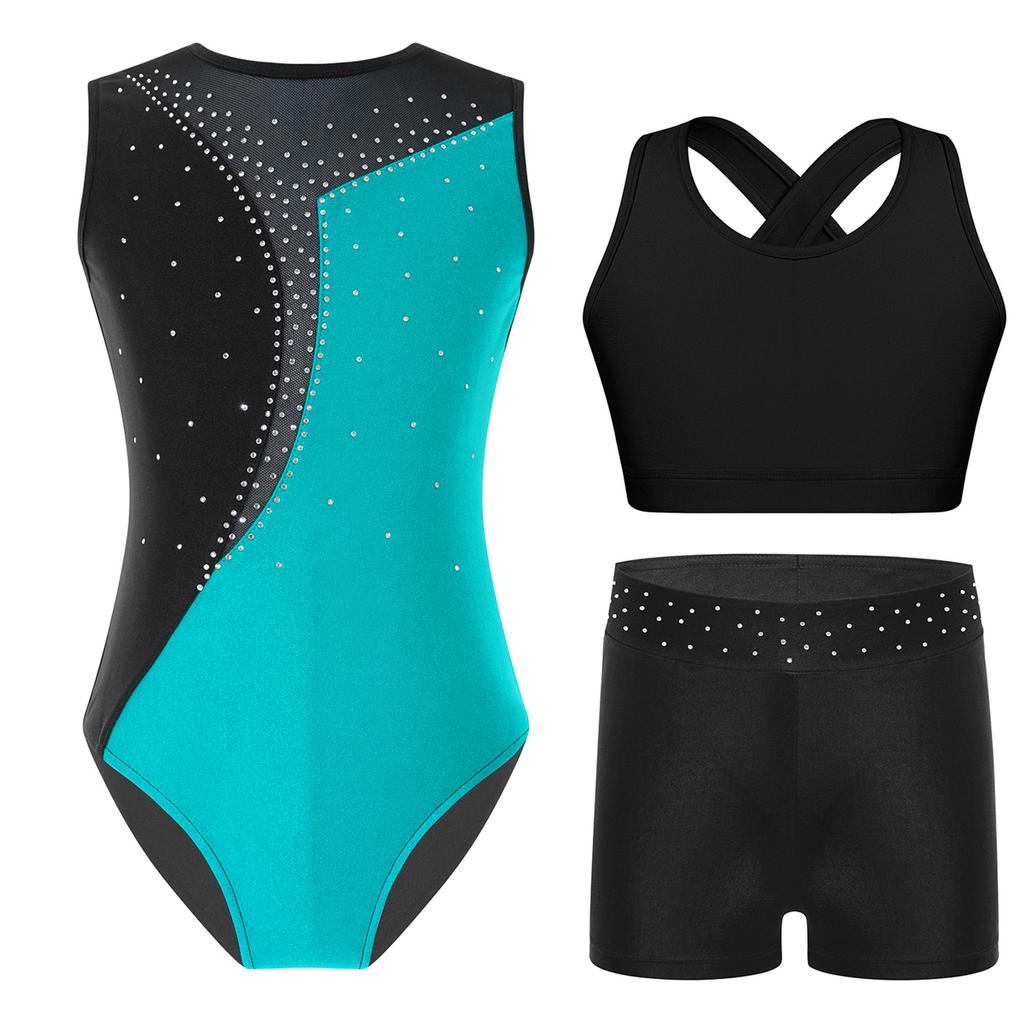 Girls Sleeveless Dance Set Shiny Rhinestone Contrast Color Gymnastics Leotard with Shorts and Top