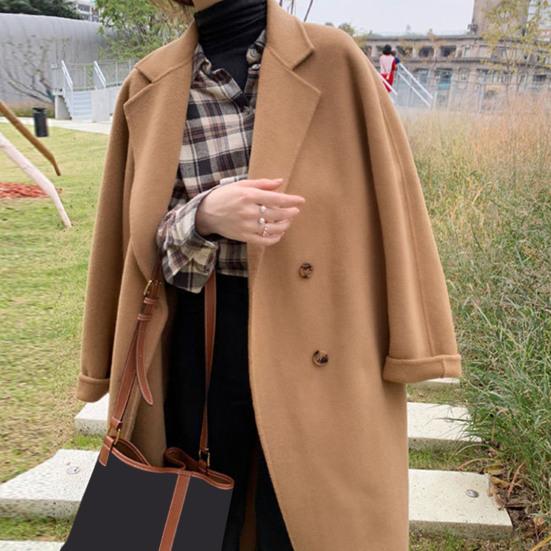 Женское зимнее шерстяное пальто, утолщенное двубортное длинное стильное однотонное пальто с длинными рукавами, свободный Тренч с лацканами и вырезом на воротнике