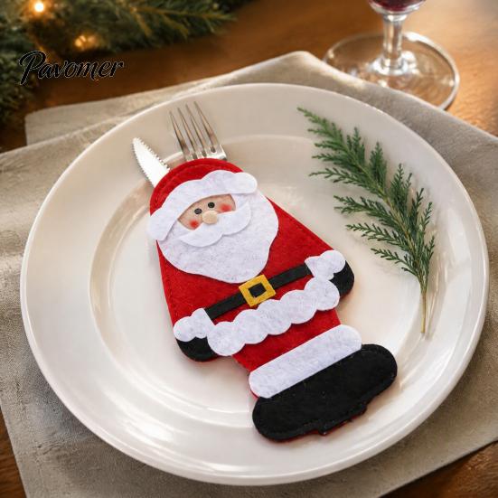 Christmas Tableware Decor Cutlery Holder Pockets, Santa Snowman Reindeer Bags, Pouch for Parties Bags Spoon Knife Fork, Xmas Party Dinner Table